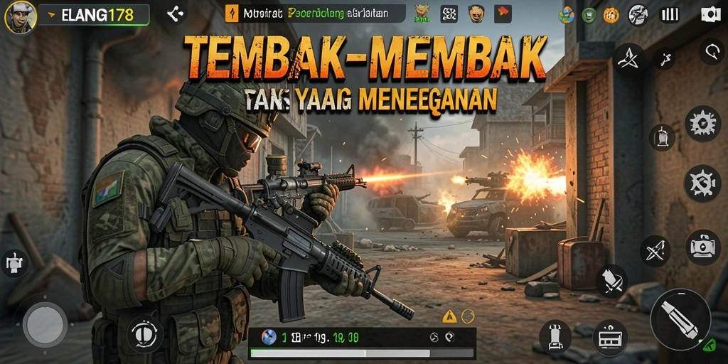 Screenshot gameplay ELANG178 menampilkan aksi tembak-menembak yang intens.