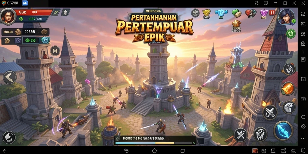 Tampilan gameplay GG288 yang intens dalam pertempuran Tower Defense.