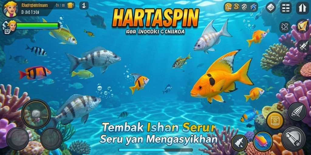 Tampilan gameplay seru dari HARTASPIN saat menembak ikan.