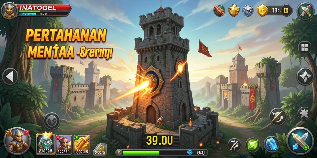 Screenshot permainan INATOGEL dengan menara pertahanan yang siap beraksi.