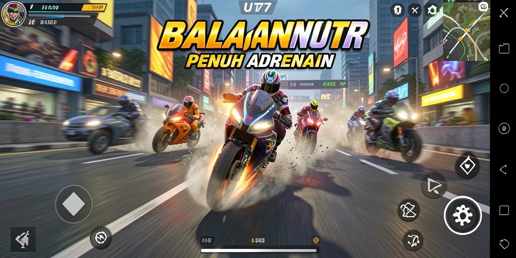 Tangkapan layar UT77 menampilkan balapan motor yang seru di lintasan menantang.